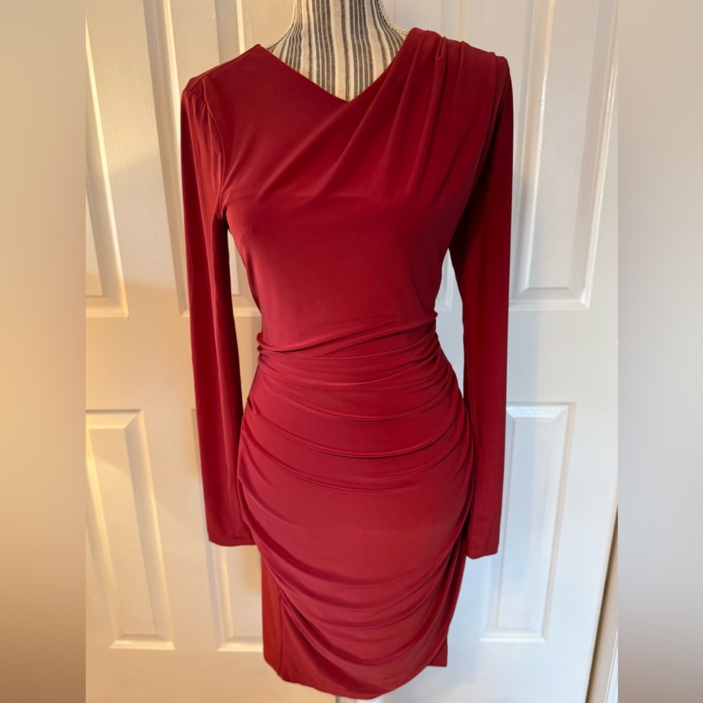 White House Black Market Red Ruched Long-Sleeve Sheath Dress